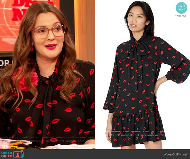 Kisses Tie-Neck Shift Dress by Kate Spade worn by Drew Barrymore on The Drew Barrymore Show