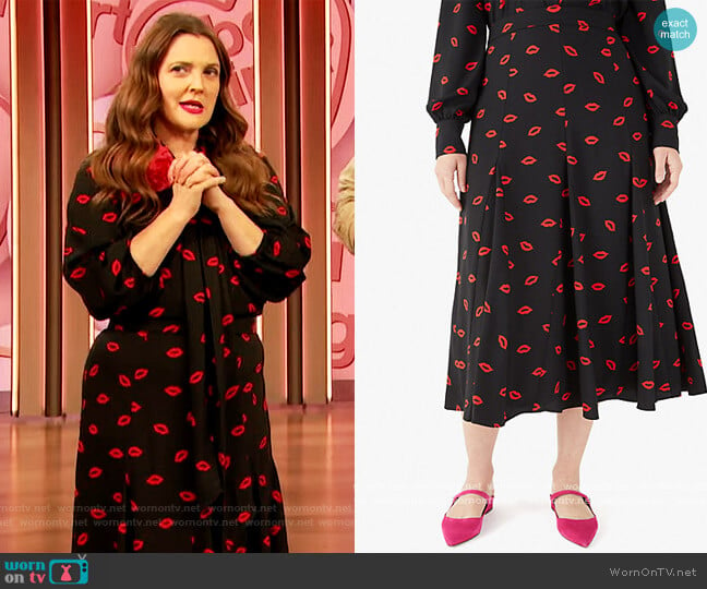 Kisses Fluid Skirt by Kate Spade worn by Drew Barrymore on The Drew Barrymore Show