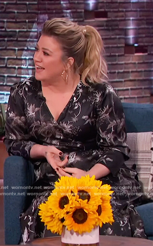 Kelly’s black floral satin wrap dress on The Kelly Clarkson Show