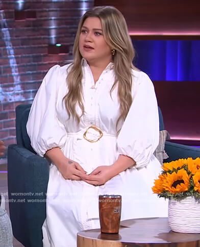 Kelly's white belted button down dress on The Kelly Clarkson Show