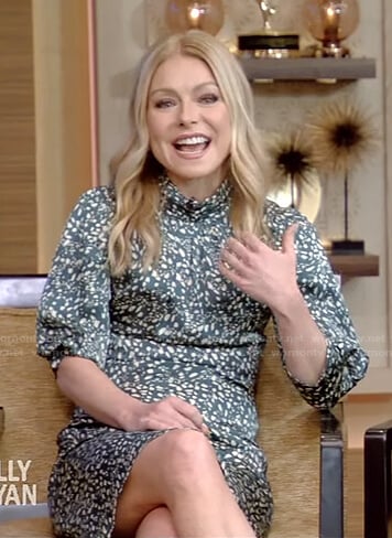 Kelly’s green printed mock neck dress on Live with Kelly and Ryan