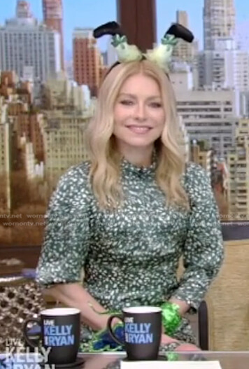 Kelly's green printed mock neck dress on Live with Kelly and Ryan
