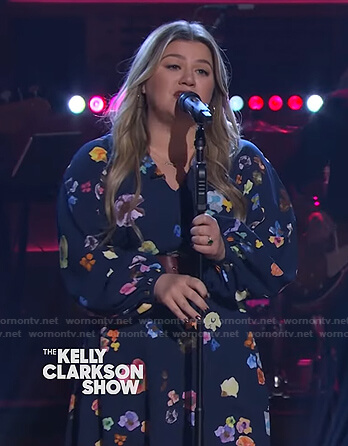 Kelly's navy floral v-neck dress on The Kelly Clarkson Show