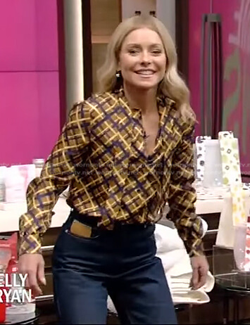 Kelly’s yellow plaid tie neck blouse and jeans on Live with Kelly and Ryan