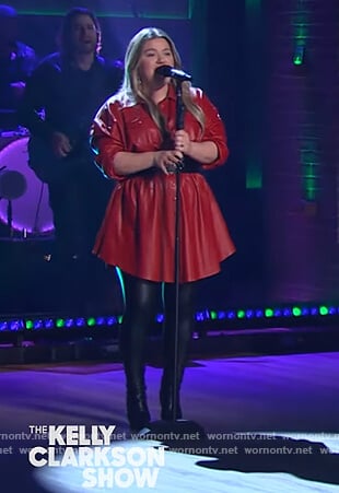 Kelly's red leather tie waist dress on The Kelly Clarkson Show