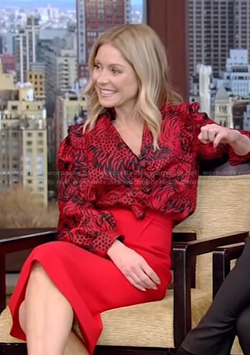 Kelly’s red tiger print blouse and pencil skirt on Live with Kelly and Ryan