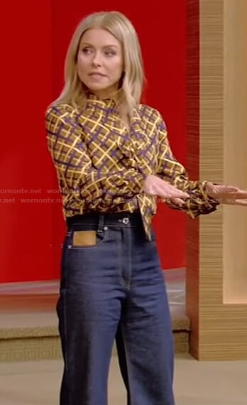 Kelly’s yellow plaid tie neck blouse and jeans on Live with Kelly and Ryan