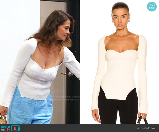 Maddy Bustier Rib-Knit Sweater by Khaite worn by Julia Lemigova  on The Real Housewives of Miami