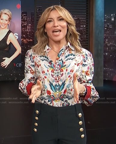 Kit’s white floral blouse and black sailor pants on Access Hollywood