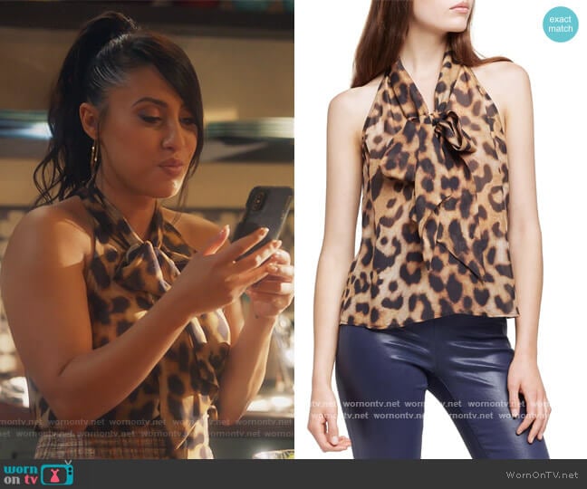 Rumi Animal Print Tie Neck Silk Blouse by L'Agence worn by Ana Torres (Francia Raisa) on Grown-ish