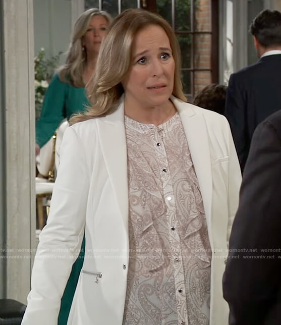 Laura’s white blazer with zips on General Hospital