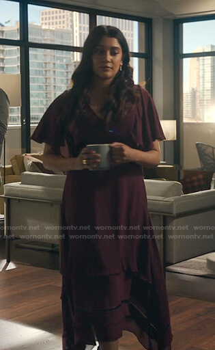 Leela's burgundy v-neck midi dress on The Resident