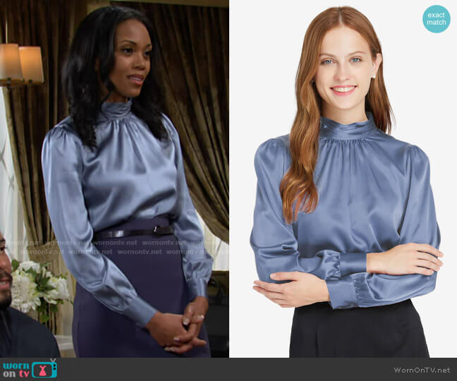 Lily Silk Retro Style Silk Blouse worn by Amanda Sinclair (Mishael Morgan) on The Young and the Restless