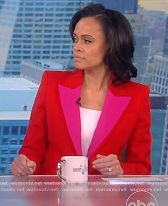 Linsey Davis’s red colorblock blazer on The View