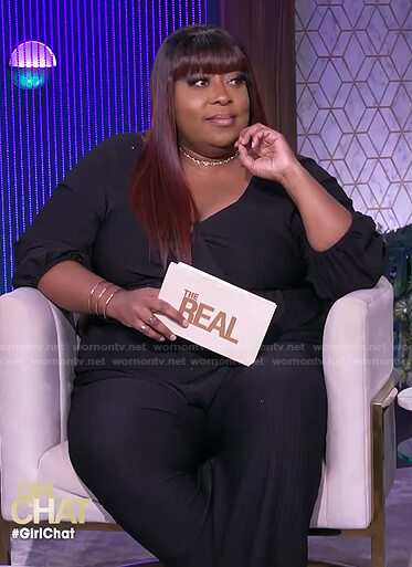 Loni’s black wrap jumpsuit on The Real