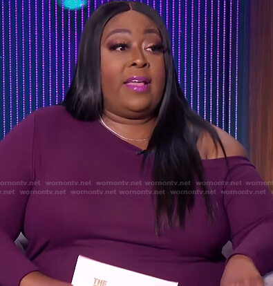 Loni’s purple one off-shoulder dress on The Real