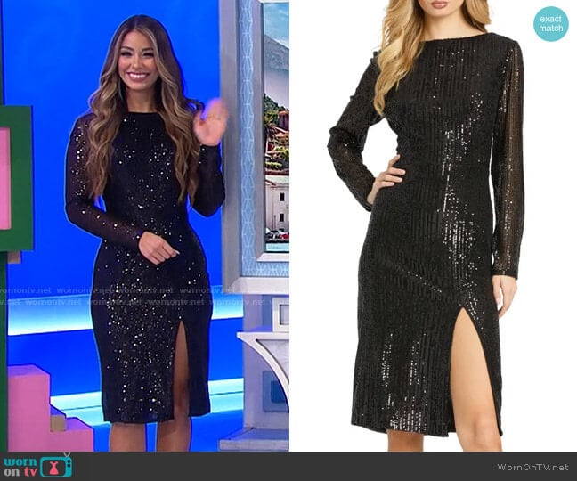 Ieena for Mac Duggal Long Sleeve Sequin Sheath Dress worn by Manuela Arbeláez on The Price is Right