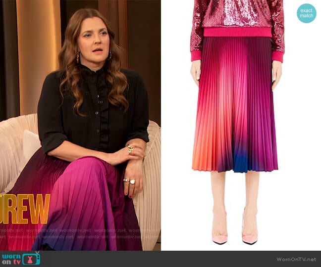 Uni Pleated Ombre Midi Skirt by Mary Katrantzou worn by Drew Barrymore on The Drew Barrymore Show