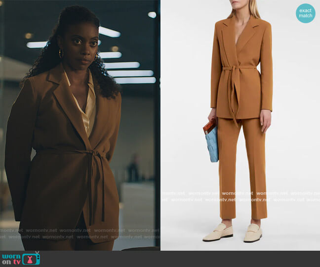 Belted stretch-wool blazer and pants by Max Mara worn by Kate Sacker (Condola Rashad) on Billions