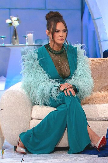 Meredith’s blue feather sleeve top and pants on The Real Housewives of Salt Lake City