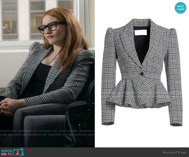 Michael Kors Plaid Peplum Jacket worn by Anna Delvey (Julia Garner) on Inventing Anna