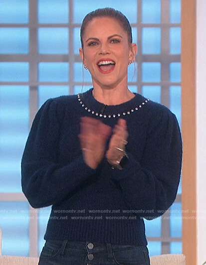 Natalie’s navy embellished neckline sweater on The Talk