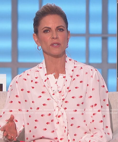 Natalie's white lip print tie neck blouse on The Talk