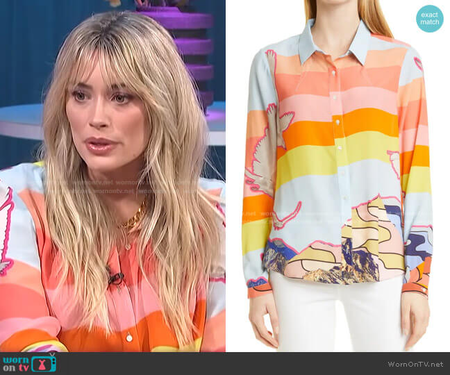 Boyfriend Stripe Silk Blend Shirt by Nicole Miller worn by Arielle Vandenberg on E! News Nightly Pop