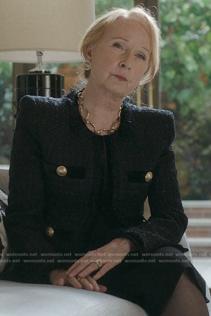 Nora's black tweed jacket with gold buttons on Inventing Anna