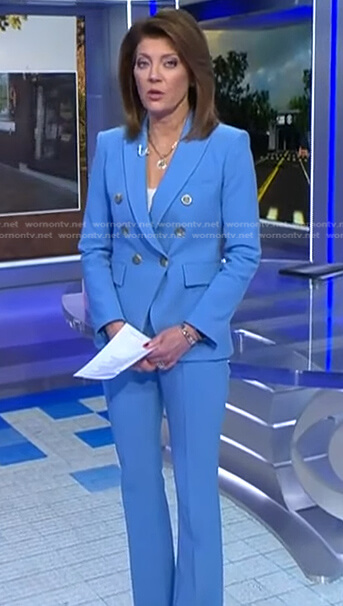 Norah’s blue double breasted blazer and pants on CBS Evening News