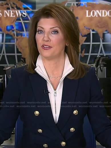 Norah's navy double breasted blazer on CBS Evening News