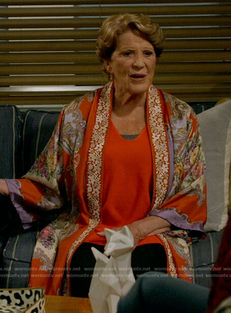 Norma’s red floral kimono on B Positive