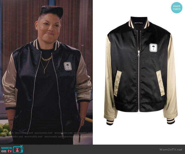 PXP colour-block bomber jacket by Palm Angels worn by Che Diaz (Sara Ramirez) on And Just Like That