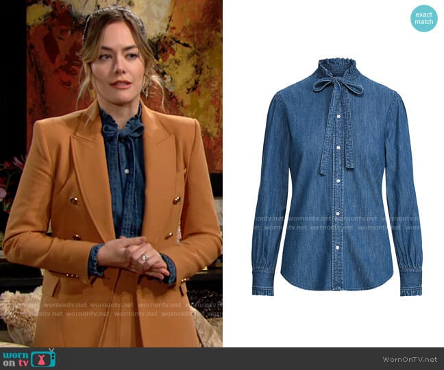 Polo Ralph Lauren Ruffled Tie-Neck Denim Blouse worn by Hope Logan (Annika Noelle) on The Bold and the Beautiful