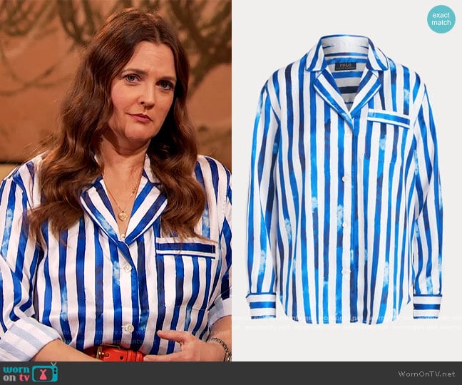 Striped Satin Pajama Shirt by Ralph Lauren worn by Drew Barrymore on The Drew Barrymore Show