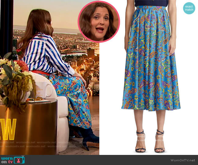 Beasley Paisley Midi-Skirt by Ralph Lauren worn by Drew Barrymore on The Drew Barrymore Show