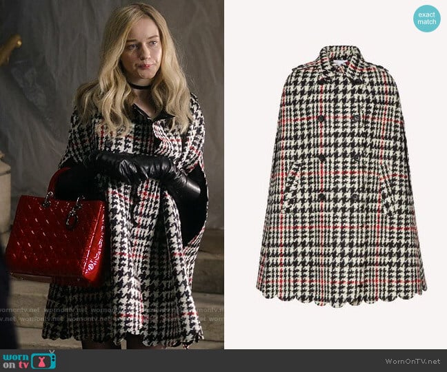 RED Valentino Scallop detail wool hounds tooth cape worn by Anna Delvey (Julia Garner) on Inventing Anna