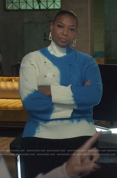 Robyn's blue tie dye cable knit sweater on The Equalizer