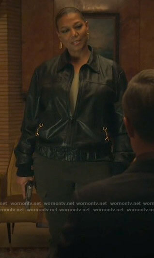 Robyn's leather jacket with horsebit details on The Equalizer