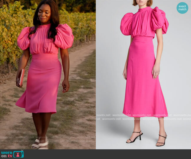 Dawn High-Neck Puff-Sleeve Midi Dress by Rotate Birger Christensen worn by August King (Ebonee Noel) on The Kings of Napa