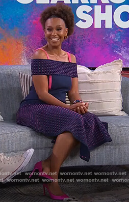 Ryan Michelle Bathe's navy asymmetric dress on The Kelly Clarkson Show