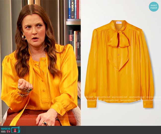 Pussy-bow silk-jacquard blouse by Saint Laurent worn by Drew Barrymore on The Drew Barrymore Show