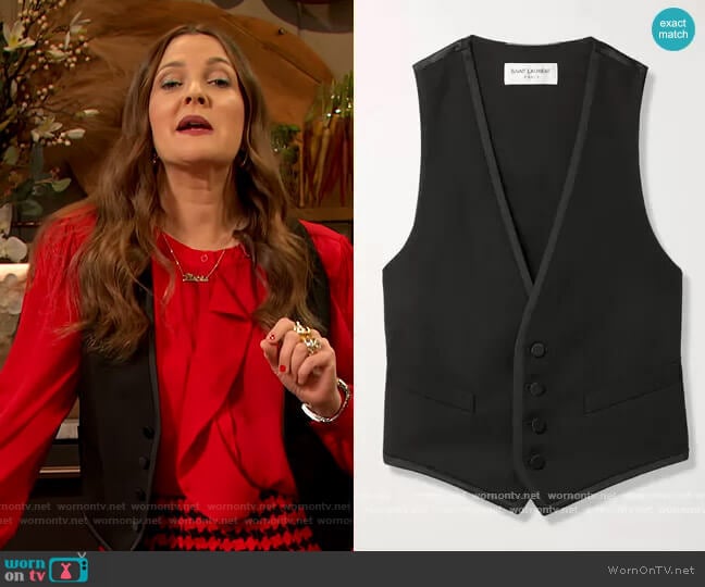 Cropped grain de poudre wool and silk-satin vest by Saint Laurent worn by Drew Barrymore on The Drew Barrymore Show