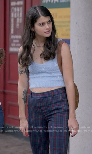 Sam's fluffy blue embroidered tank top and plaid pants on Single Drunk Female