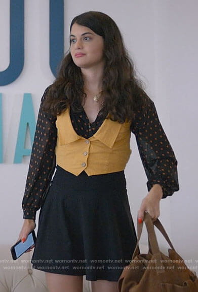 Sam's polka dot blouse and yellow waistcoat on Single Drunk Female