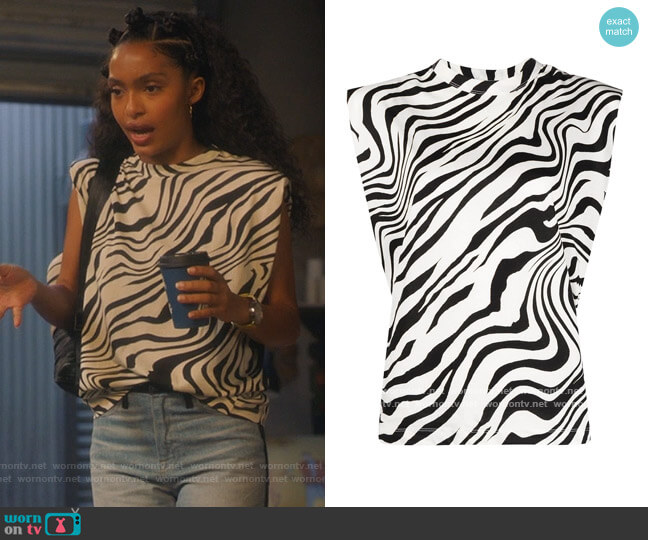 Zebra Print Sleeveless Blouse by Sandro worn by Zoey Johnson (Yara Shahidi) on Grown-ish