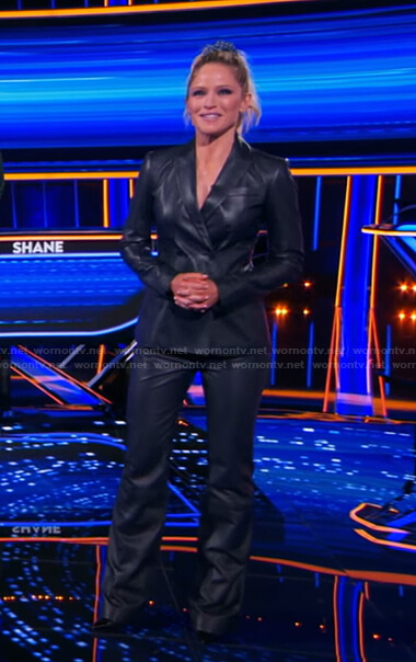Sara's black leather blazer and pants on The Chase