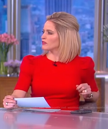 Sara’s red ribbed puff sleeve top on The View