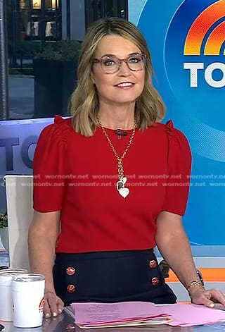 WornOnTV: Savannah’s red ruffle shoulder top on Today | Savannah ...