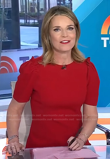 WornOnTV: Savannah’s red ruffle shoulder top on Today | Savannah ...